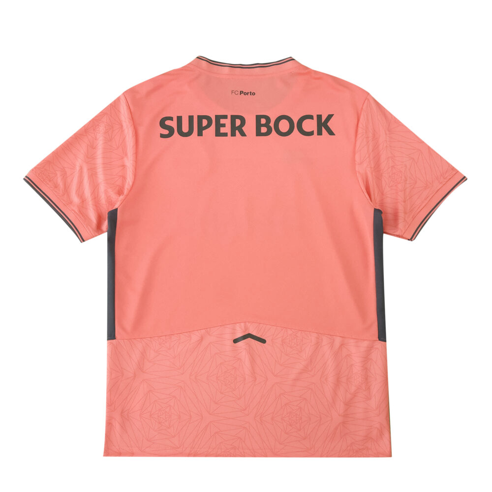 Back view of FC Porto 2025/26 away fan jersey in coral with "SUPER BOCK" sponsor text across the shoulders.