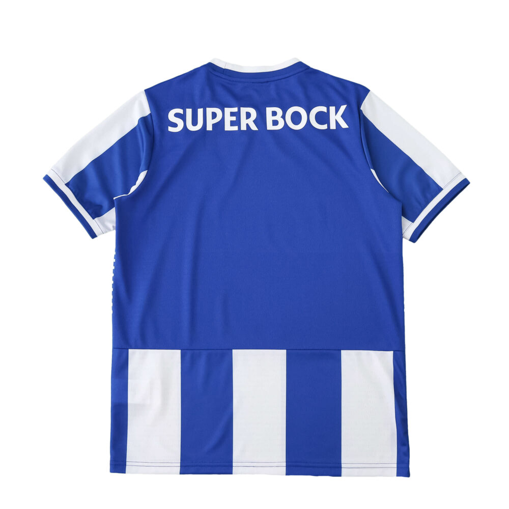 Back view of the FC Porto 2025/26 home fan jersey with "Super Bock" sponsor and blue-white stripes.