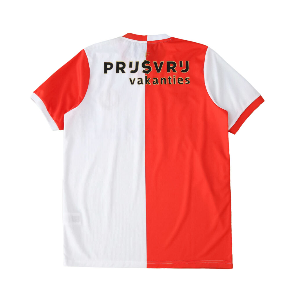 Back view of Feyenoord 2025/26 home fan jersey, red and white halves, sponsor text on upper back.
