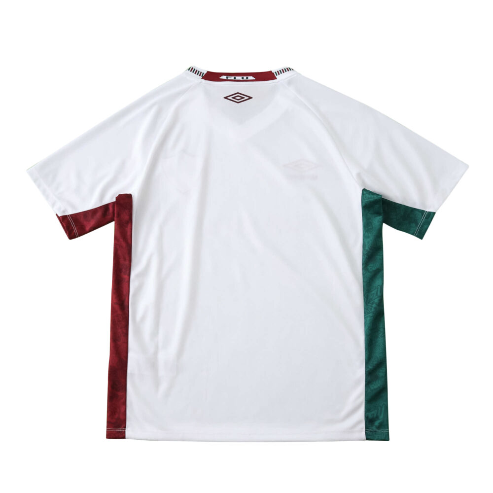 Back view of the Fluminense Away 2025/26 Fan Version jersey, featuring white fabric with burgundy and green side panels.