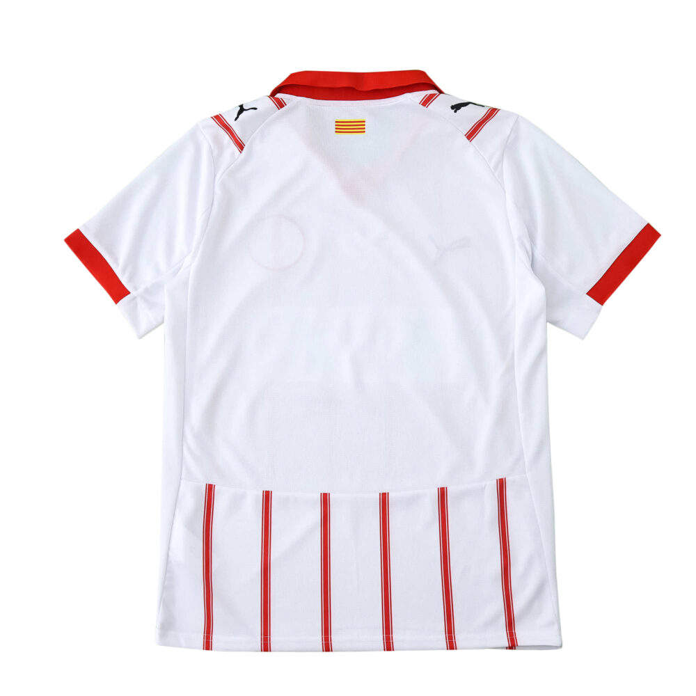 Back view of the Girona Home 2025/26 Fan Version jersey, featuring red accents and vertical stripes.