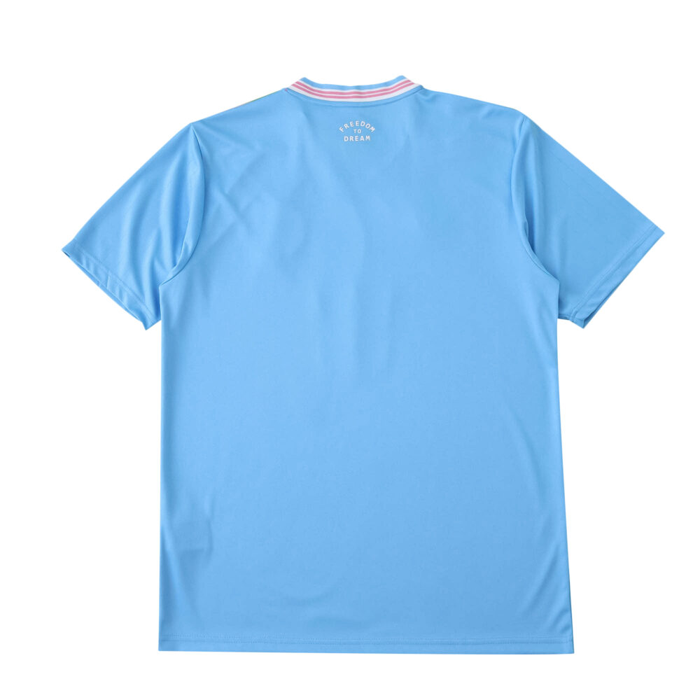 Back view of the Inter Miami CF Third 2025/26 Fan Version jersey in light blue with pink and white collar trim.