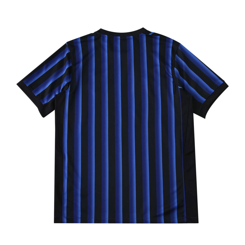 Back view of Inter Milan 2025/26 home fan jersey with black and blue vertical stripes.