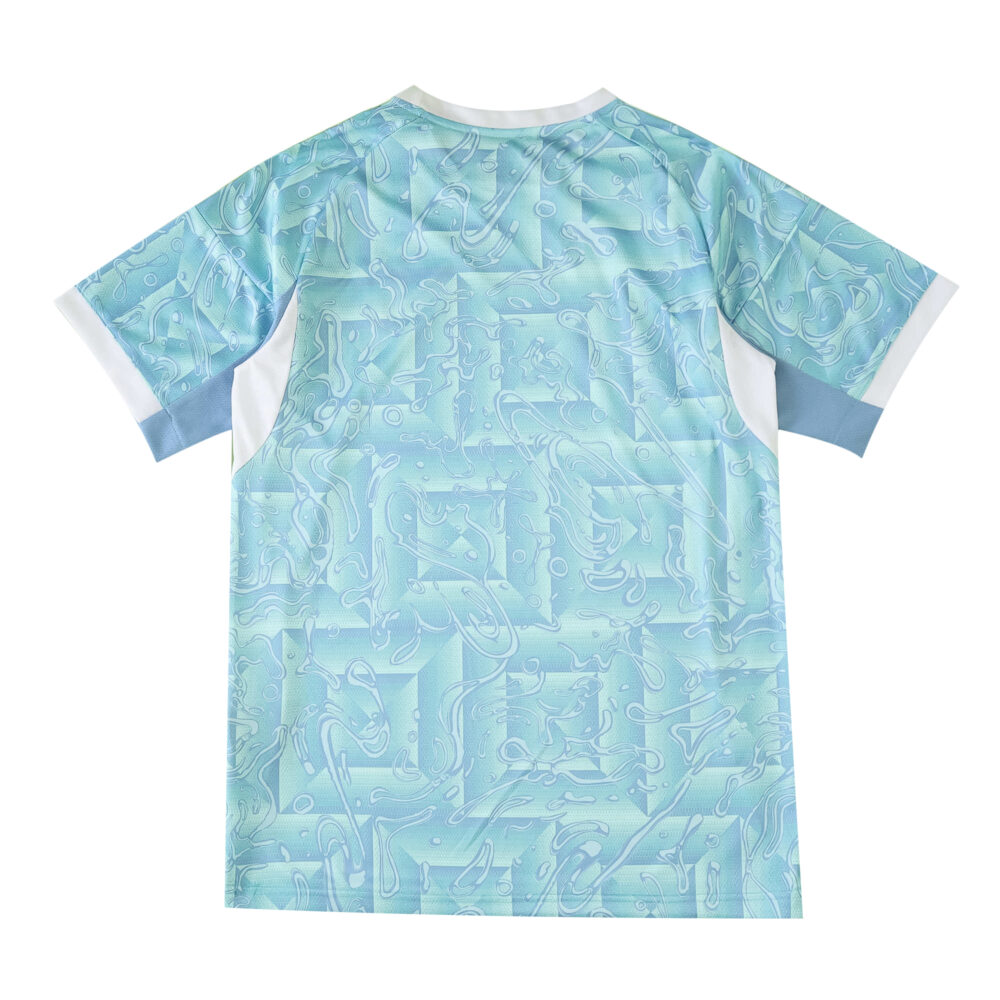 Back view of Juventus Away 2025/26 Fan Version jersey in light blue with geometric patterns.