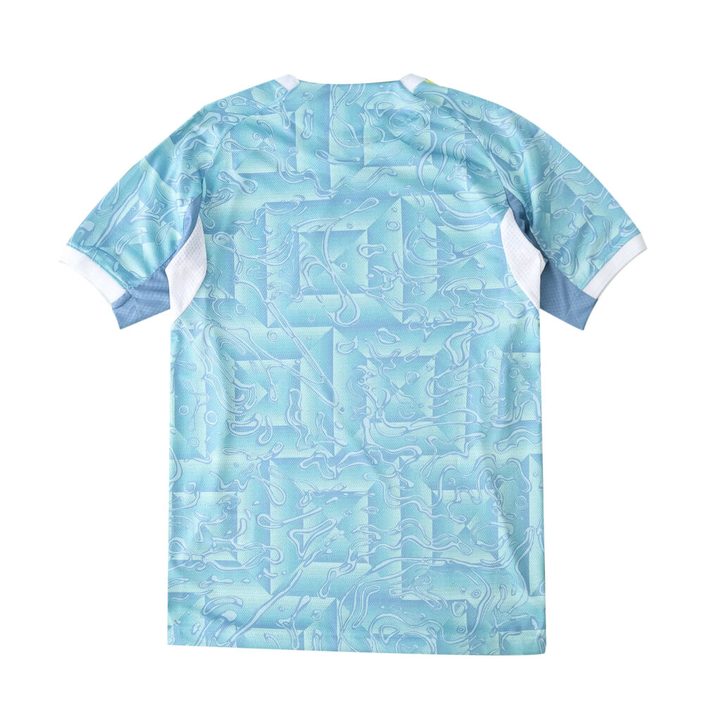 Back view of Juventus Away 2025/26 Player Version jersey in light blue with geometric patterns.