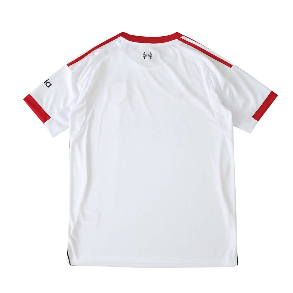 Back view of Liverpool Away 2025/26 Fan Version jersey, white with red accents on collar and sleeves.