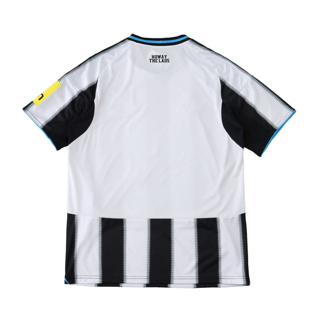 Back view of Newcastle United 2025/26 Home Fan Version jersey with black and white stripes and blue trim.