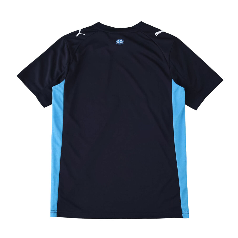 Back view of Olympique Marseille Away 2025/26 Fan Version jersey in navy blue with light blue side panels.