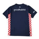 Back view of PSV Eindhoven 2025/26 away fan jersey, navy with red and white checkered side panels.