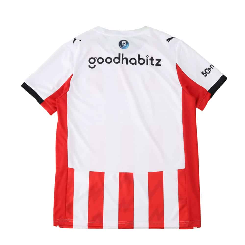 Back view of the PSV Eindhoven 2025/26 home fan jersey with sponsor logos and red stripes.