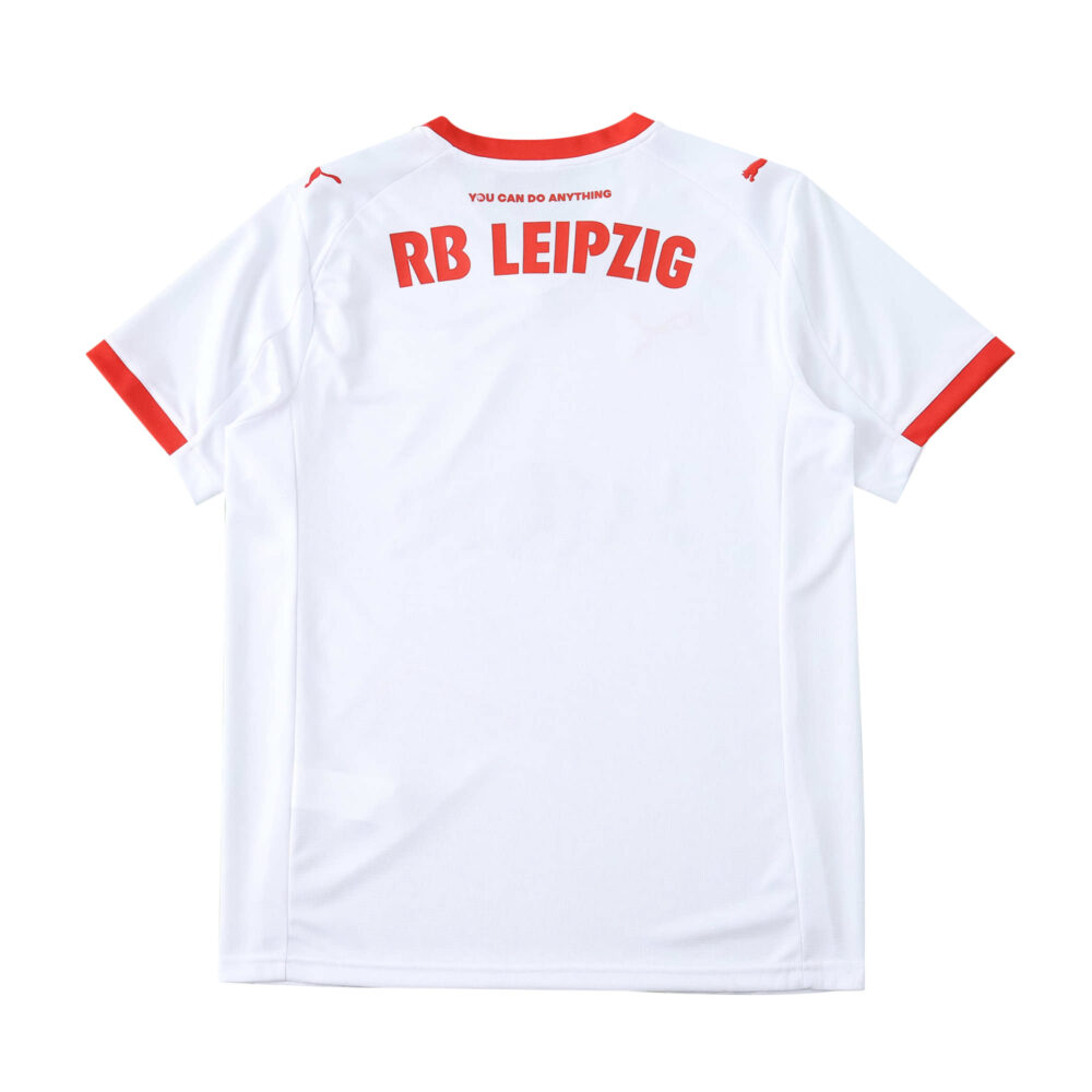 Back view of the RB Leipzig 2025/26 home fan jersey in white with red accents and "RB LEIPZIG" text.