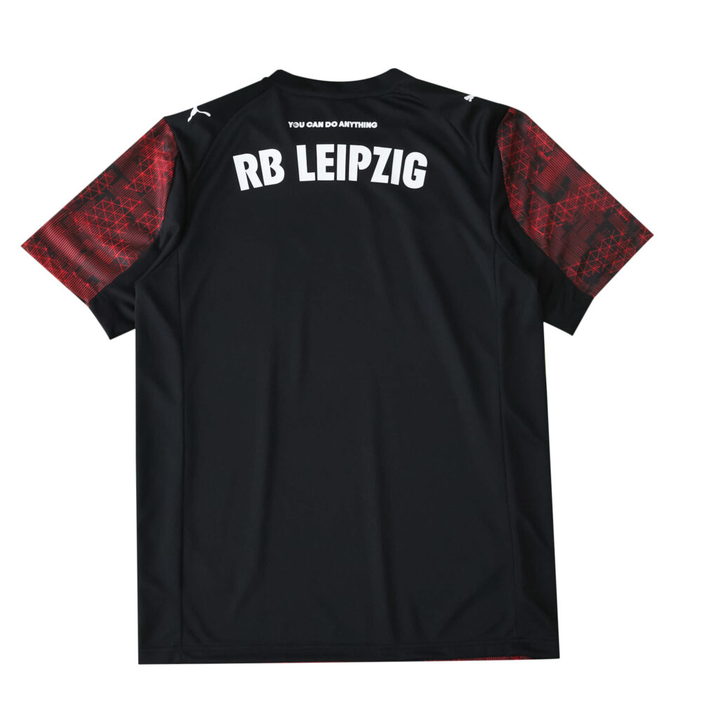 Back view of RB Leipzig Third 2025/26 Fan Version jersey, black with red pattern on sleeves and white lettering.