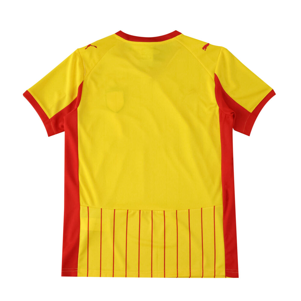 Back view of RC Lens 2025/26 home fan jersey in yellow with red accents and vertical red stripes at the bottom.