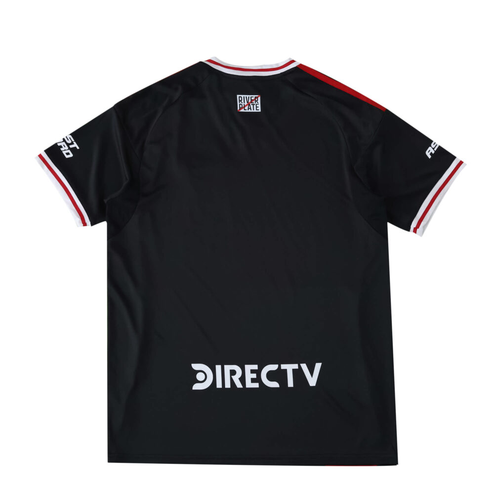 Back view of River Plate Away 2025/26 Fan Version jersey in black with white and red accents, sponsor visible.