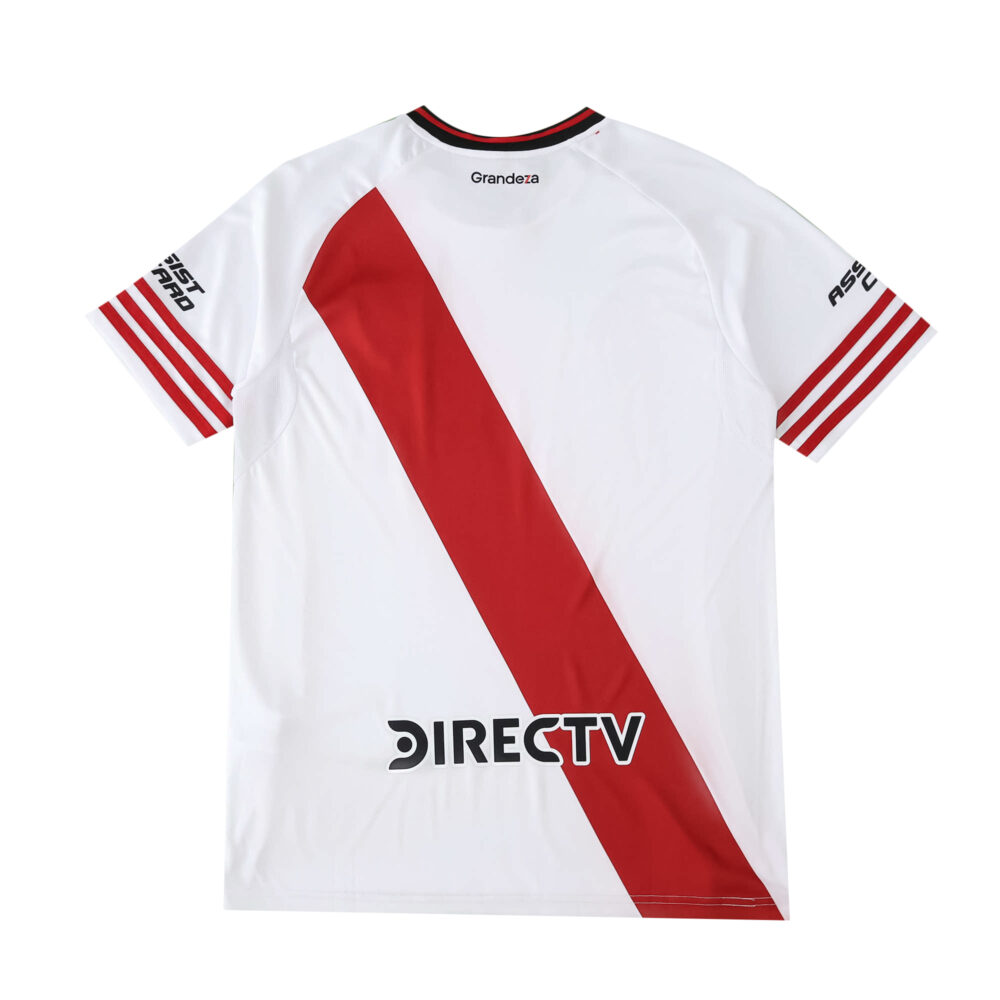 Back view of the River Plate 2025/26 home fan jersey with red diagonal stripe and sponsor logos.