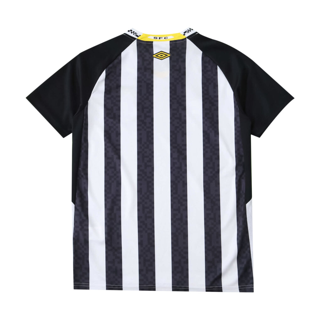 Back view of Santos FC Away 2025/26 Fan Version jersey with black and white vertical stripes.