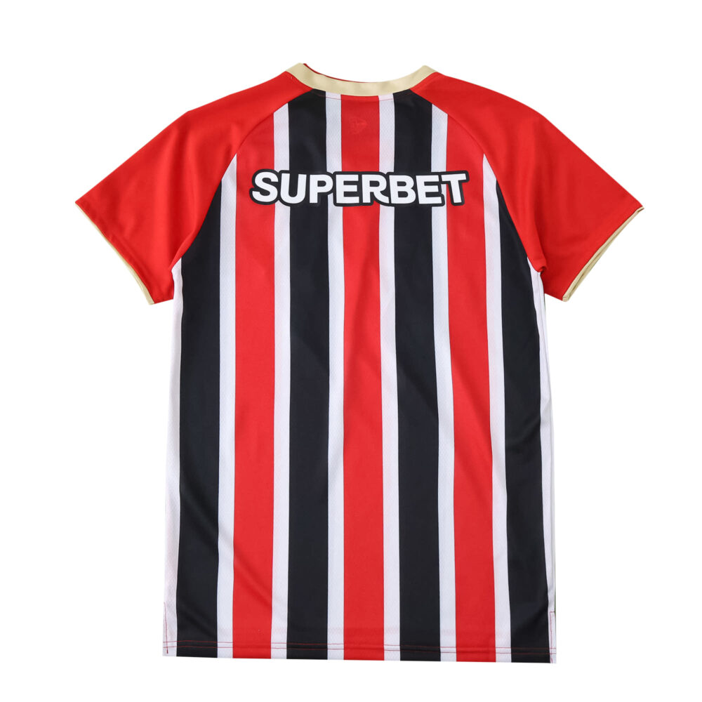 Back view of São Paulo Away 2025/26 Fan Version jersey with black, white, red stripes and "SUPERBET" sponsor.