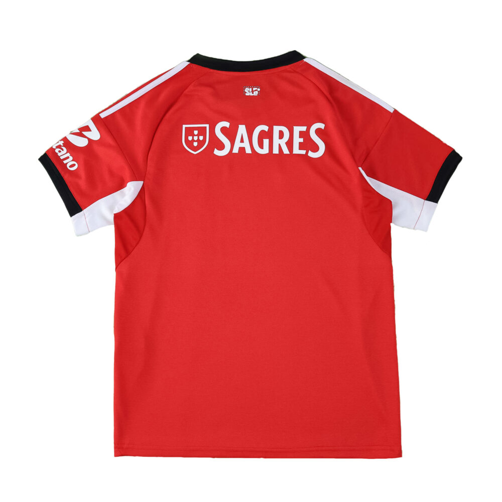 Back view of the SL Benfica 2025/26 fan version home jersey with Sagres sponsor and red, white, and black design.