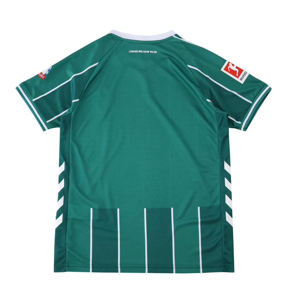 Back view of Werder Bremen 2025/26 home fan jersey in green with white accents and sponsor patches.