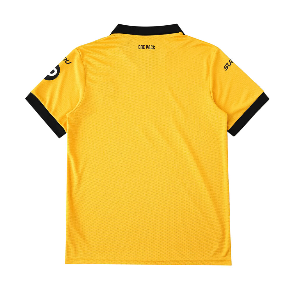 Back view of Wolverhampton Wanderers 2025/26 home fan jersey in gold with black collar and sleeve trim.