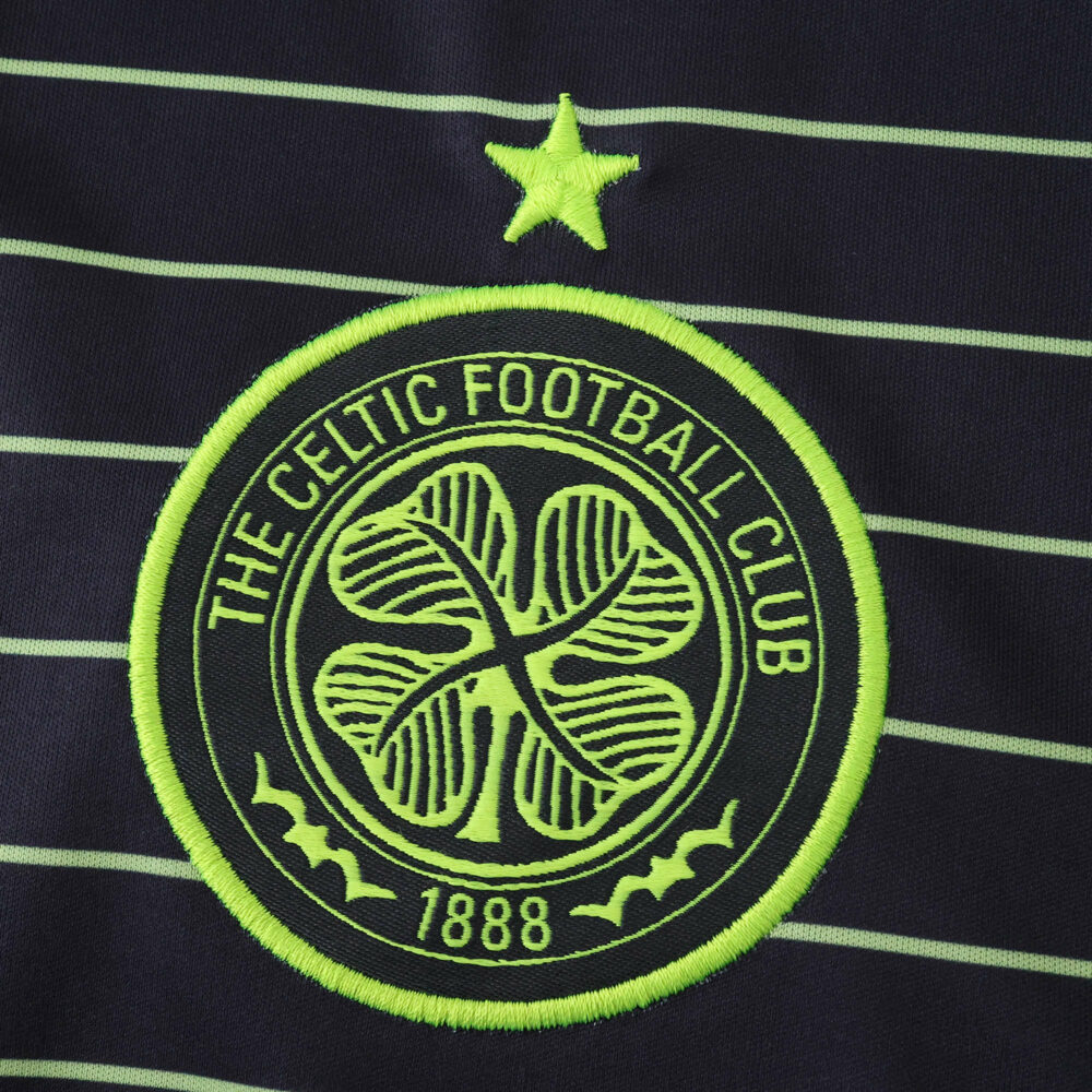 Celtic Away 2025/26 fan jersey badge with club crest, star, and lime green stripes.