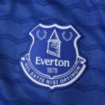 Close-up of the Everton 2025/26 home fan jersey, featuring the club crest on blue patterned fabric.