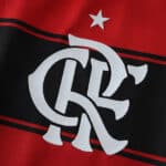 Close-up of Flamengo 2025/26 home jersey badge with white CRF monogram and star on red and black fabric.