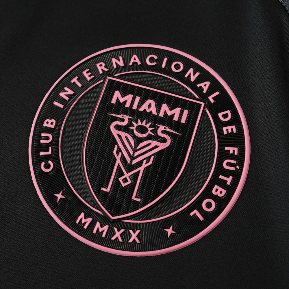 Inter Miami CF 2025/26 Away Player Version jersey badge with pink club crest on black fabric.