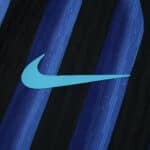 Close-up of the 2025/26 Inter Milan Home Player Version jersey with a blue Nike logo on black and blue stripes.
