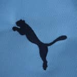 Close-up of the black Puma logo on the Manchester City 2025/26 Home Fan Version jersey's blue fabric.