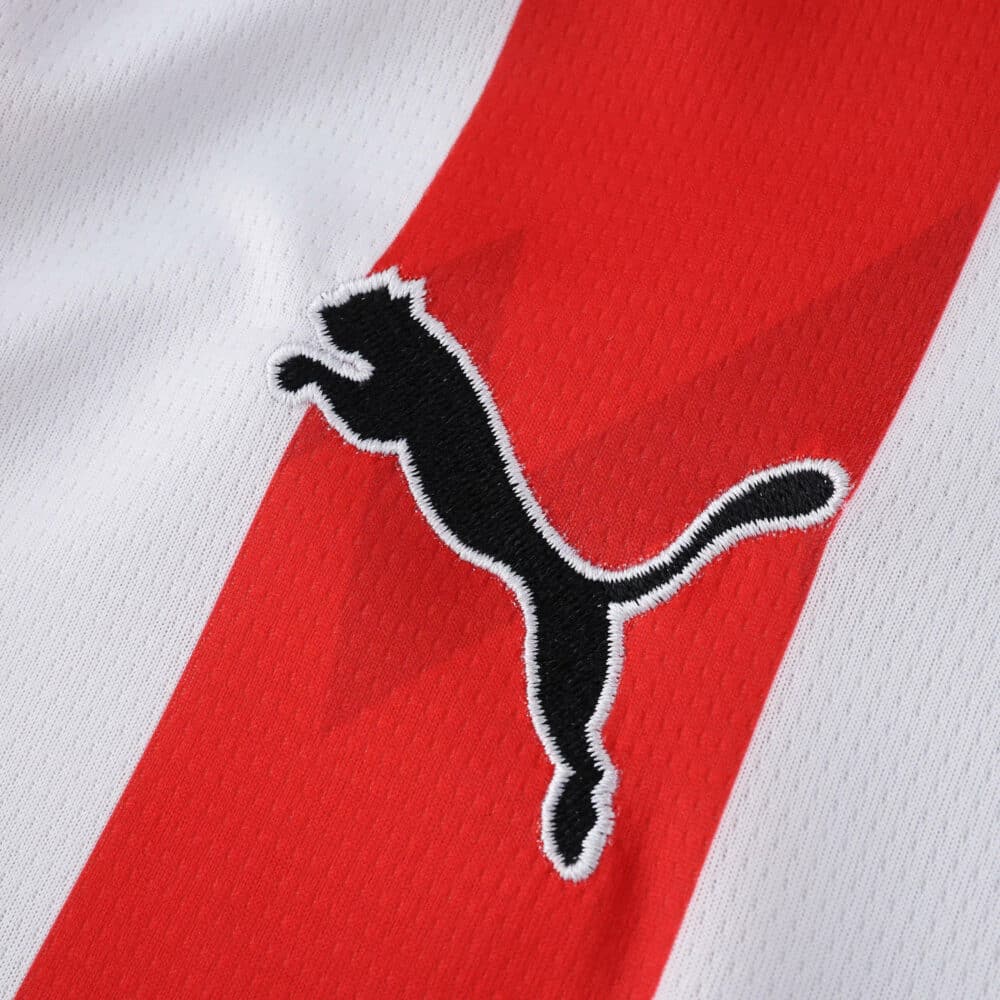 Close-up of the PSV Eindhoven 2025/26 home fan jersey featuring a Puma logo on red and white stripes.