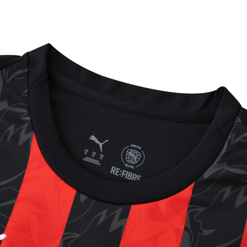 Close-up of the AC Milan 2025/26 Home Fan Version jersey collar with red and black stripes.