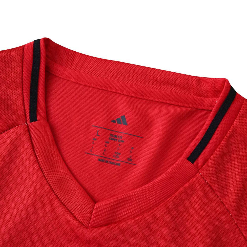 Close-up of the Ajax 2025/26 Home Fan Version jersey collar in red with black trim, Adidas branding visible.