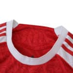 Close-up of Arsenal Home 2025/26 Player Version jersey collar and shoulder with red and white details.