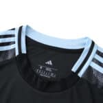 Close-up of Aston Villa Away 2025/26 Fan Version jersey collar with light blue trim and black base.