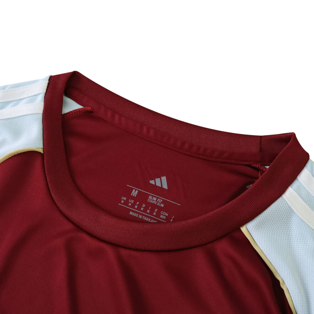 Close-up of Aston Villa 2025/26 Home Fan Version jersey collar with white shoulder stripes.