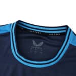 Close-up of the Athletic Bilbao Away 2025/26 Fan Version jersey collar, featuring blue and navy details.