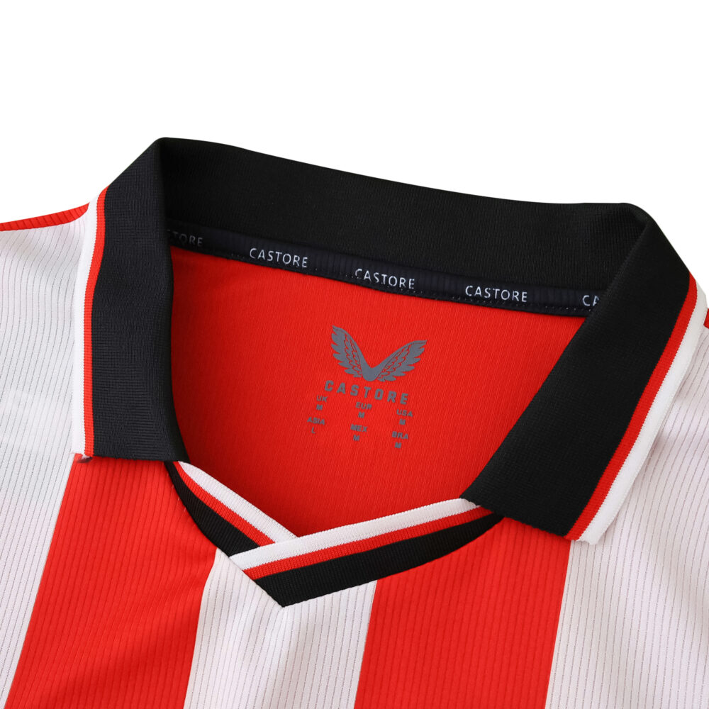 Close-up of the Athletic Bilbao 2025/26 home fan jersey collar with red, white stripes and black trim.