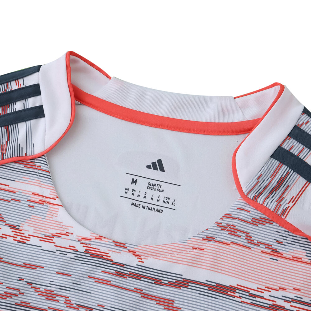 Close-up of Bayern Munich Away 2025/26 Fan Version jersey collar and neckline with adidas logo.