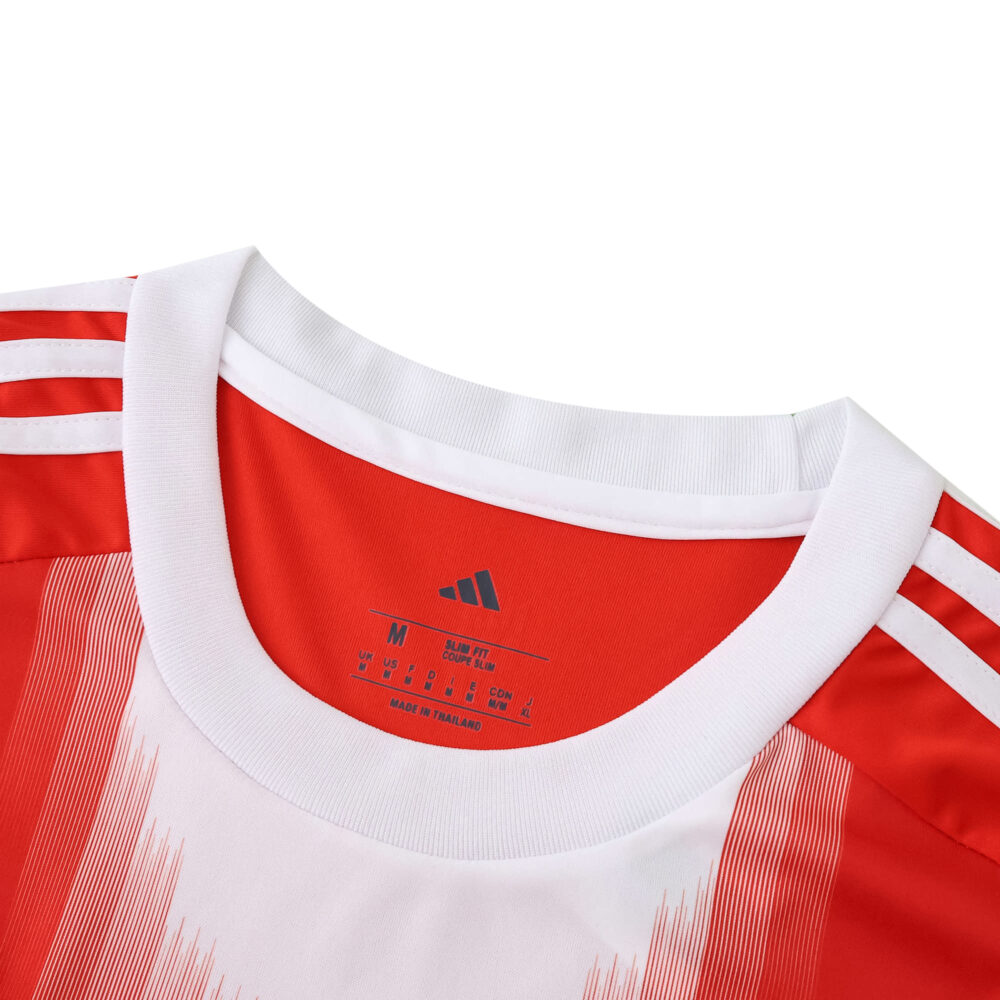 Close-up of the Bayern Munich 2025/26 Home Fan Version jersey collar, showing red and white Adidas design.