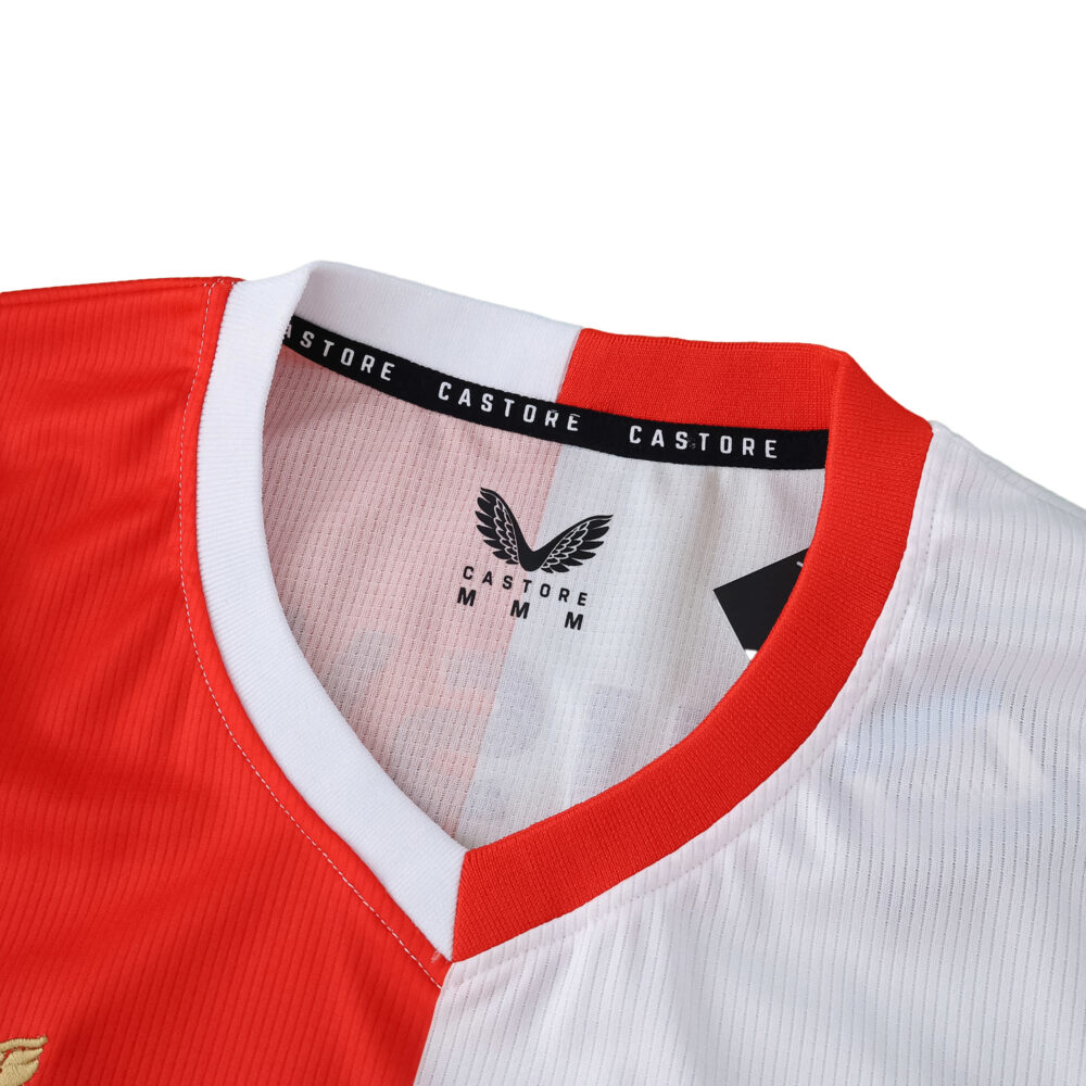 Close-up of Feyenoord 2025/26 Home Fan Version jersey collar, showing red and white split design.