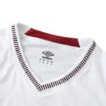 Close-up of Fluminense 2025/26 Away Fan Version jersey collar with green, red, and white trim.