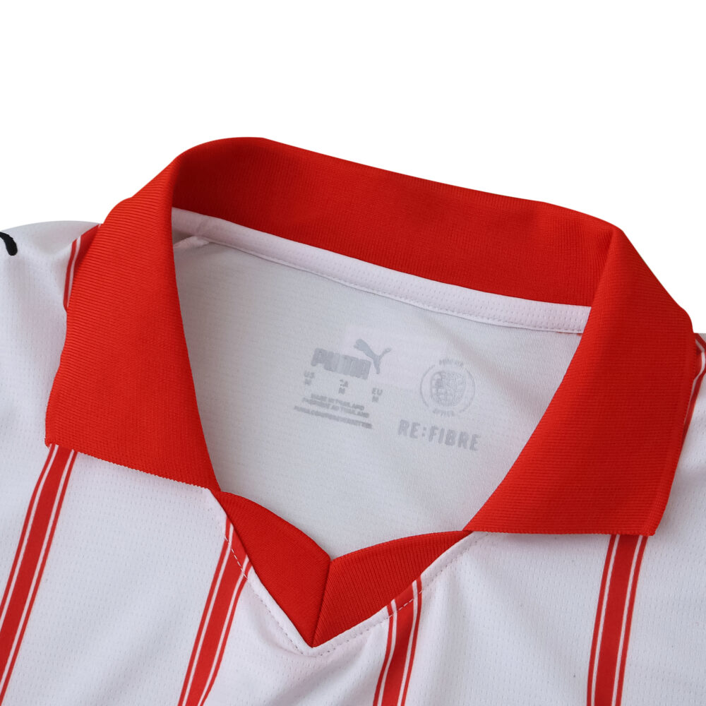 Close-up of the 2025/26 Girona Home Fan jersey collar, featuring red trim and vertical stripes.