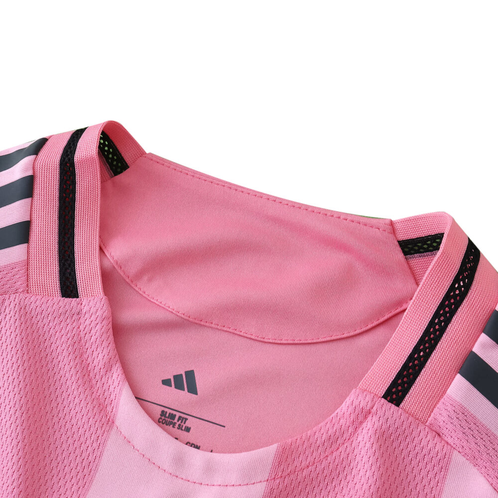 Close-up of the Inter Miami CF 2025/26 Home player jersey collar in pink with black Adidas stripes.