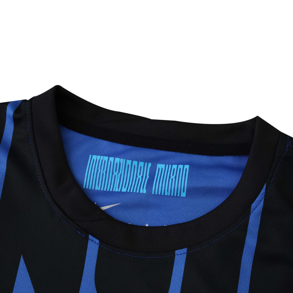 Close-up of the collar on the Inter Milan Home 2025/26 Fan Version jersey showing blue and black design.