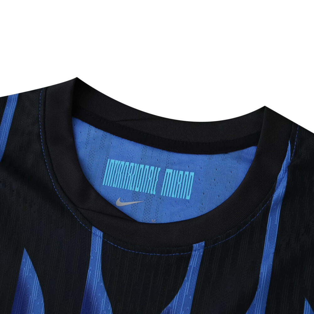 Close-up of Inter Milan 2025/26 Home Player Version jersey collar with blue and black stripes.