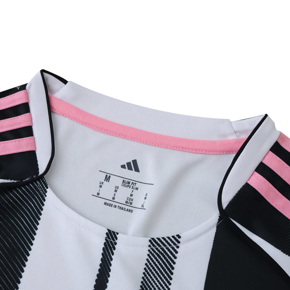 Close-up of the Juventus 2025/26 Home Fan Version jersey collar with Adidas logo and pink detail.