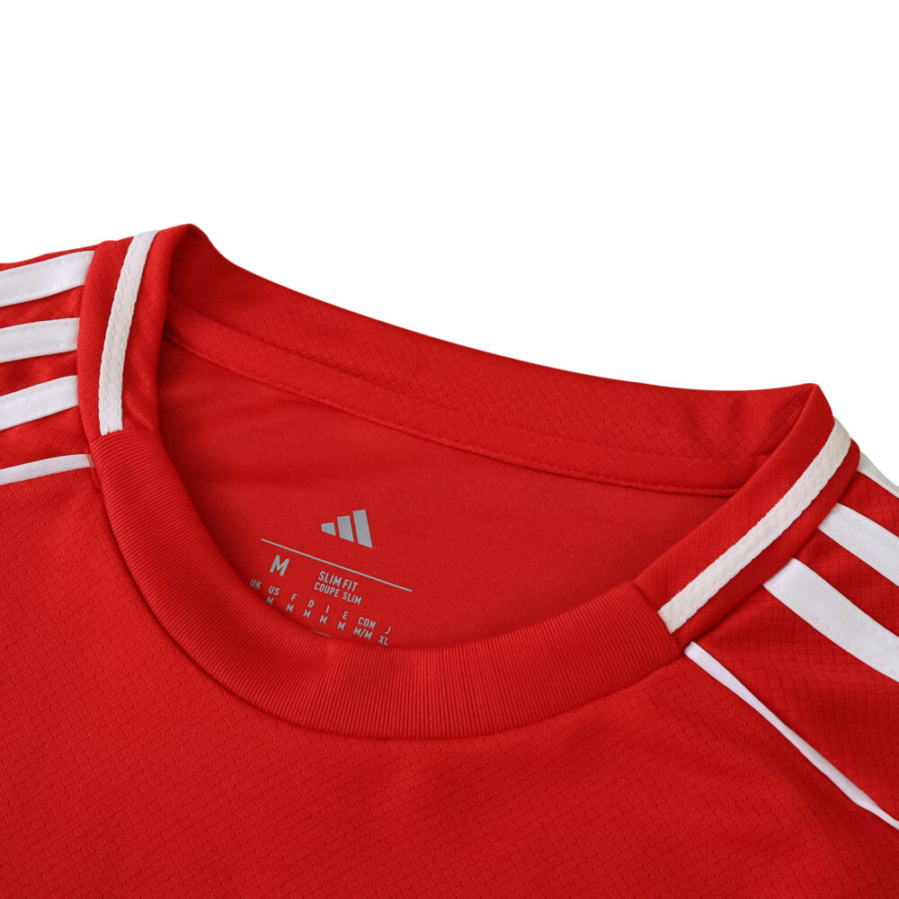 Close-up of Liverpool Home 2025/26 Fan Version jersey collar with white Adidas stripes.