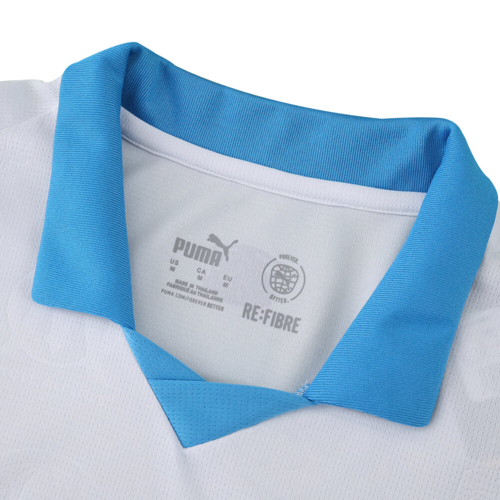 Close-up of the Olympique Marseille 2025/26 home fan jersey collar in white with a blue trim.