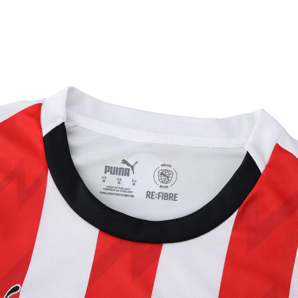 Close-up of the PSV Eindhoven 2025/26 home fan jersey collar with red and white stripes and Puma logo.